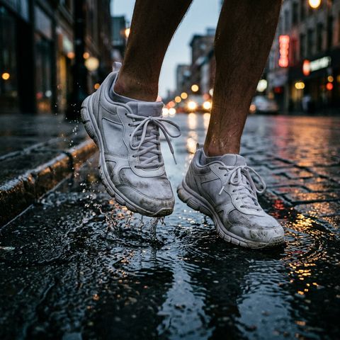 Des chaussures de course sur une rue mouillée